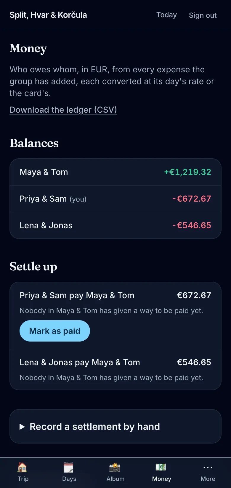 The ledger's balances for three couples, and which of them pays whom to settle up.